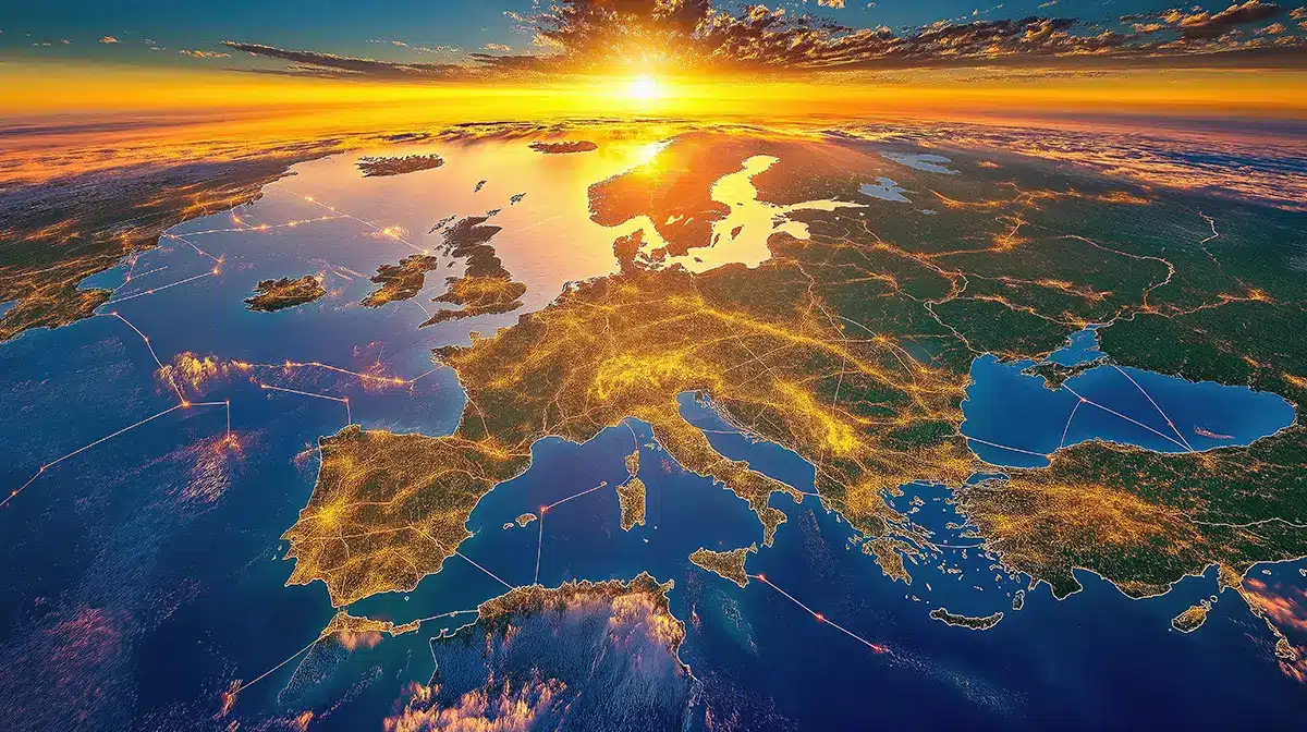 Aerial view of Europe with dramatic sunset illuminating the continent and surrounding waters, showing the geographical scope of the Tarchon interconnector project