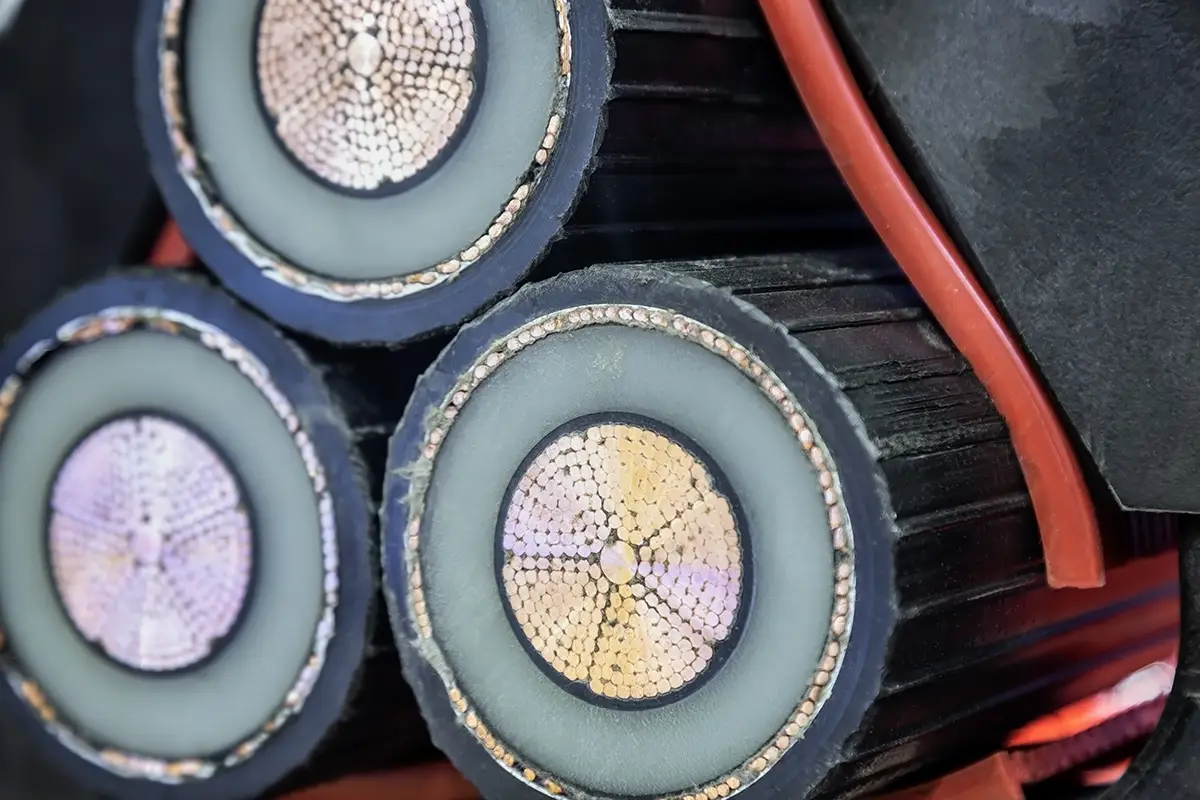Cable-Img-Tarchon Close-up cross-section view of high-voltage subsea power cables used in electricity interconnector projects